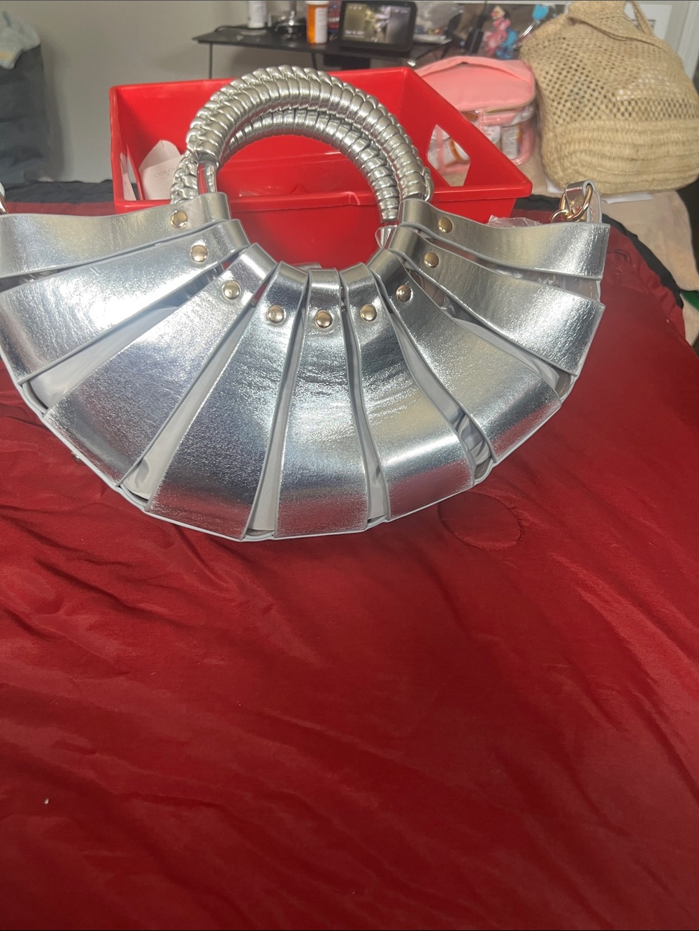 Metallic Silver Fan-Panel Mini Bag with Circular Handle